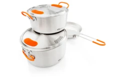GSI Stainless Base Camper Medium Kochset 6 Teilig 2 Töpfe 2 / 3 Liter Bratpfanne 22,8 Cm -Campingkochgeschirr Geschäft 578067 3950291
